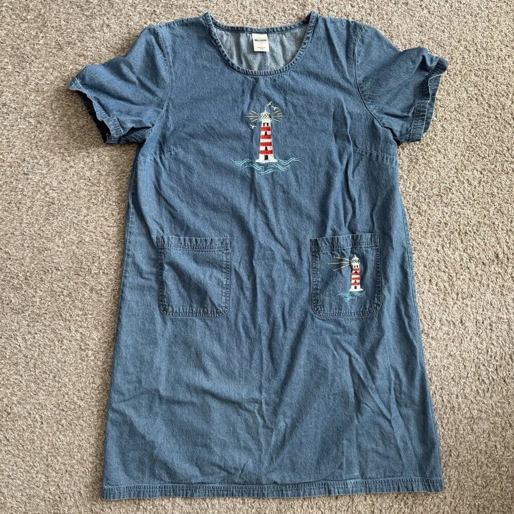 Blair Women's Large Short Sleeve Denim Coastal Nautical Lighthouse Vintage Dress